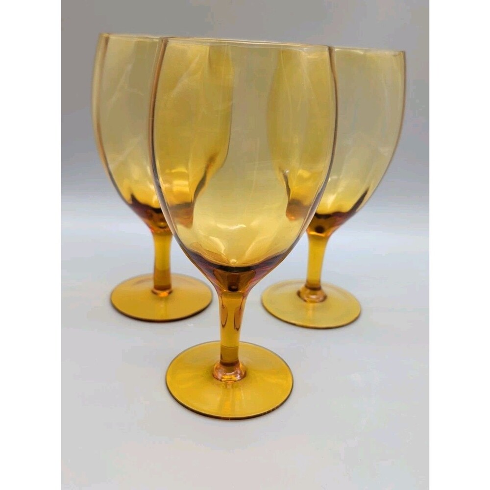 Vintage MCM Mid-century Modern Empoli Amber Optic Glass Set Of 3 Water Goblets